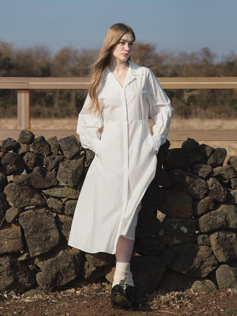 LENINA Cotton V-neck Asymmetrical Shirt Dress [Beige]