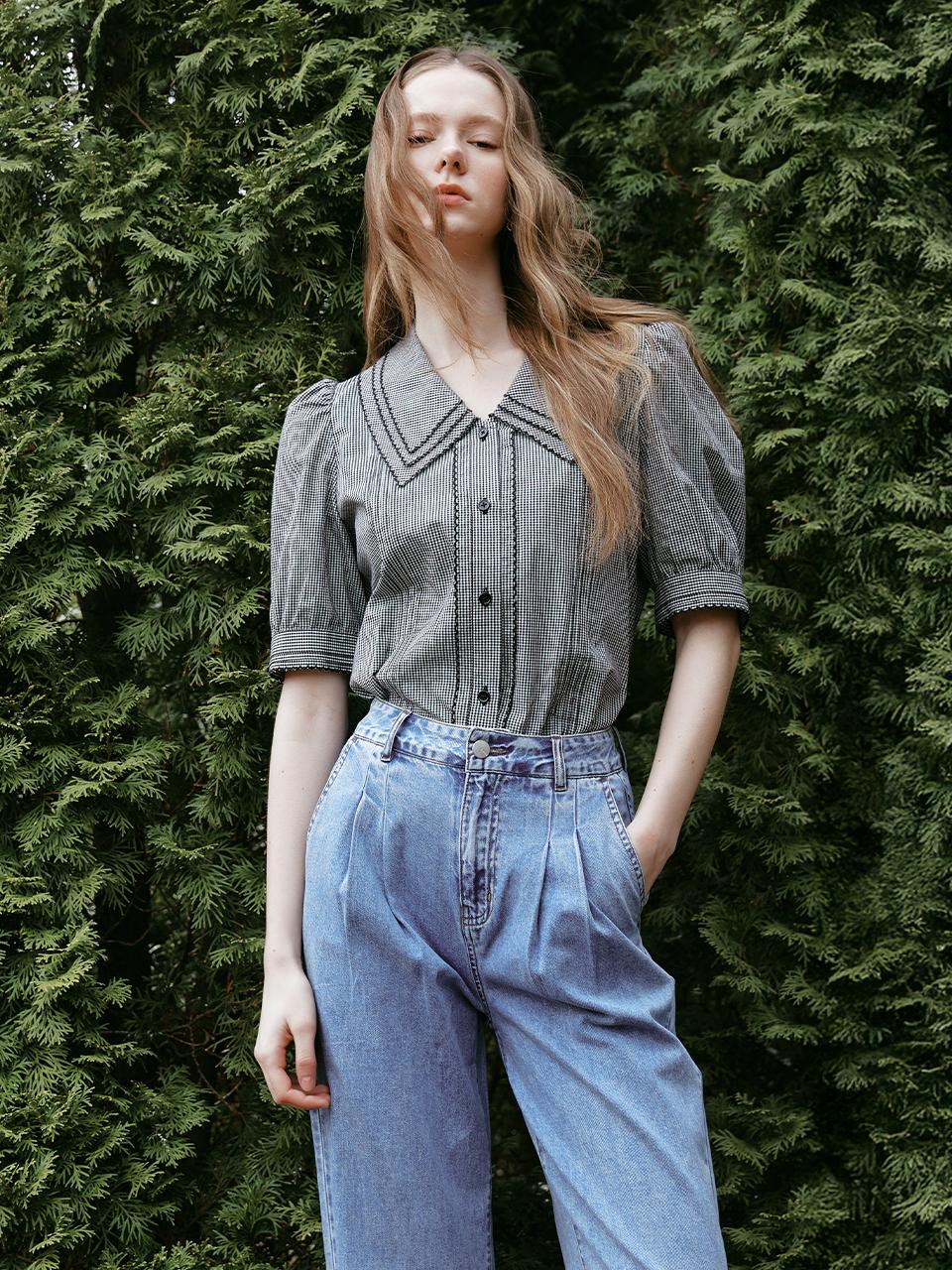 LENINA DALLIA scallop embroidery collar shirt [BLACK CHECK]