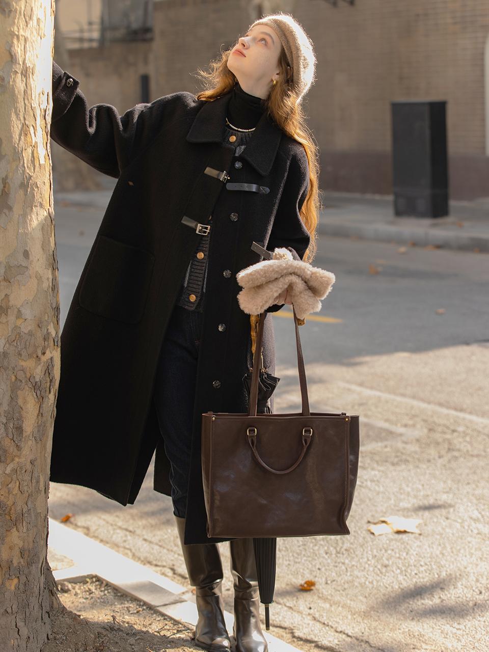 LENINA Handmade Wool Buckle Long Coat [Black]