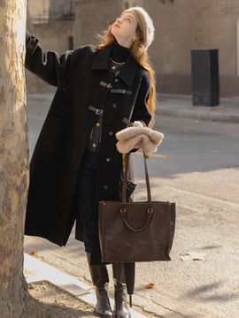 LENINA Handmade Wool Buckle Long Coat [Black]