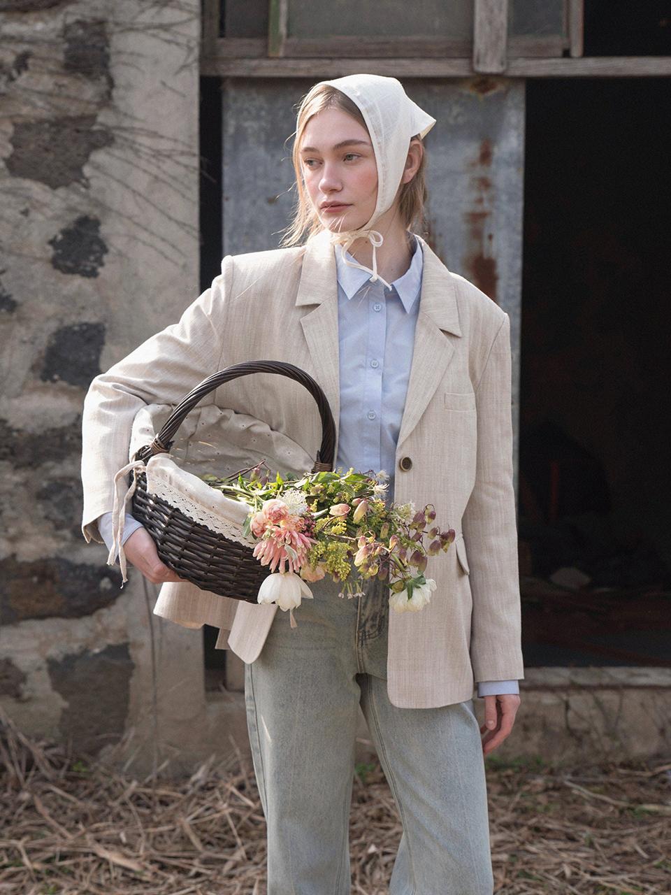 LENINA Herringbone Cotton Linen Oversized Blazer [Light Brown]