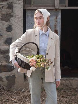 LENINA Herringbone Cotton Linen Oversized Blazer [Light Brown]