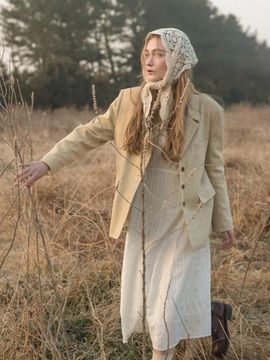 LENINA Herringbone Linen Oversized Blazer [Yellow Beige]