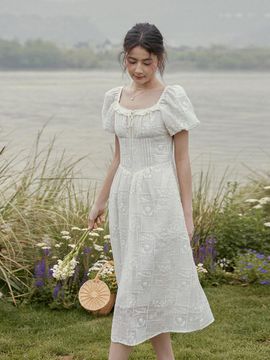 LENINA IRIE Embroidery Puff Sleeve Tencel Dress