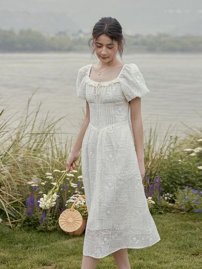 LENINA IRIE Embroidery Puff Sleeve Tencel Dress