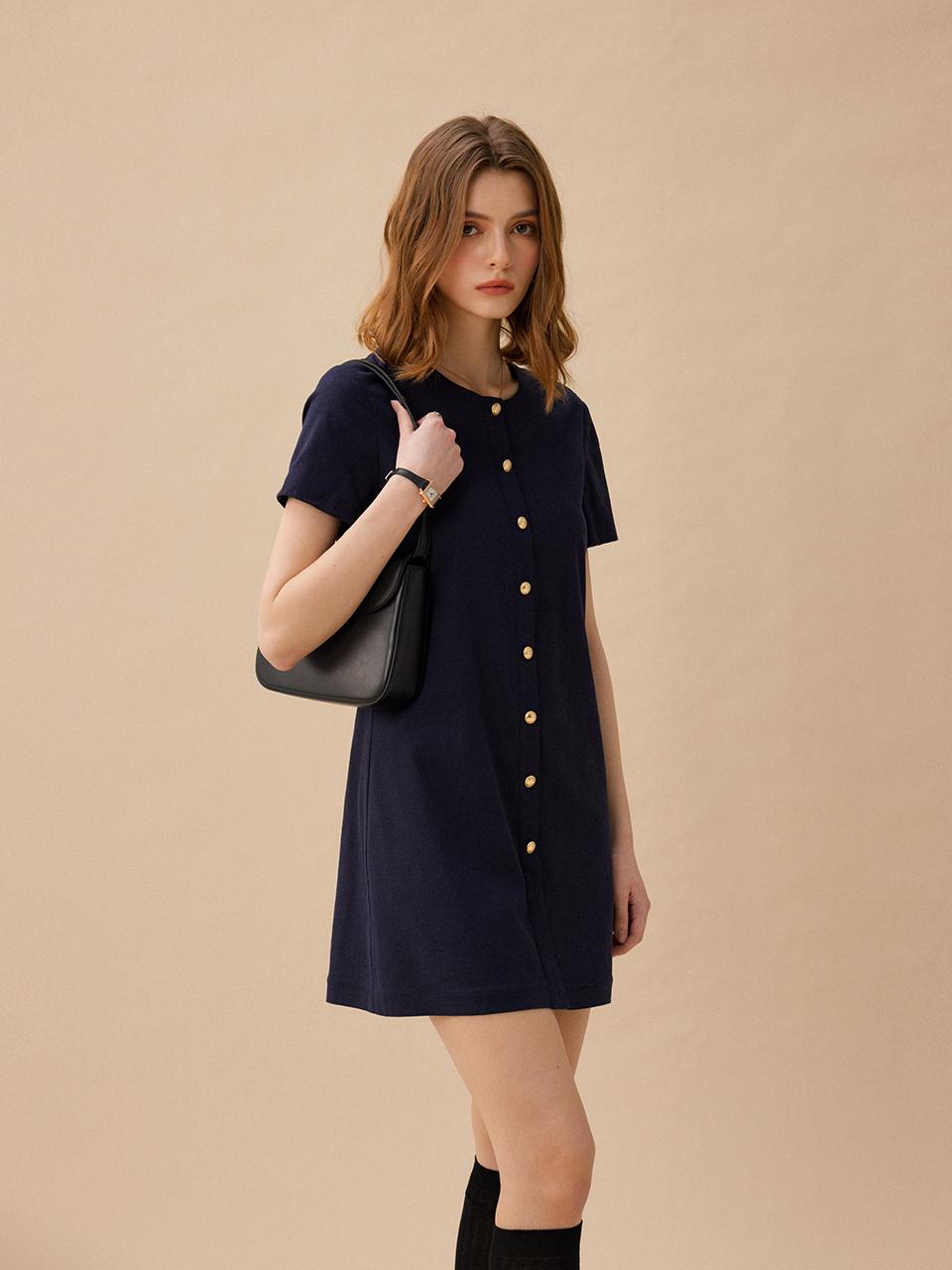 LENINA Linen Button Minimalist Dress [Navy]