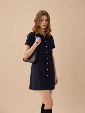 LENINA Linen Button Minimalist Dress [Navy]