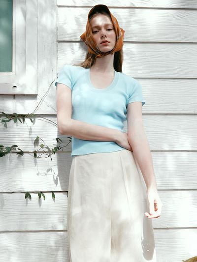 LENINA LOONY Cotton Scoop Neck Knit T-Shirt [Sky Blue]