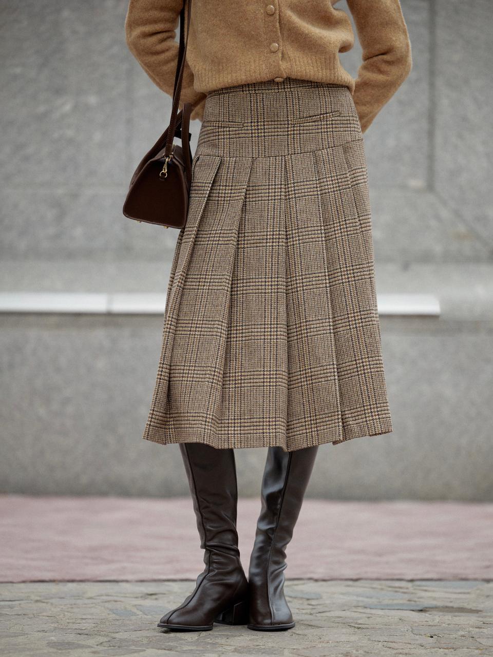 LENINA Pleated Check Wool-blend Midi Skirt [Beige]