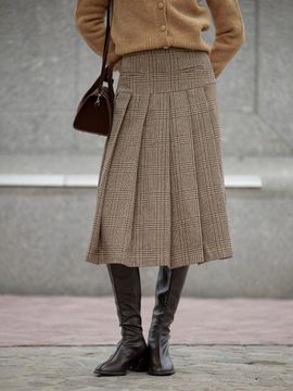 LENINA Pleated Check Wool-blend Midi Skirt [Beige]