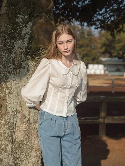 LENINA Round Collar Puff Tencel Blouse [Beige]