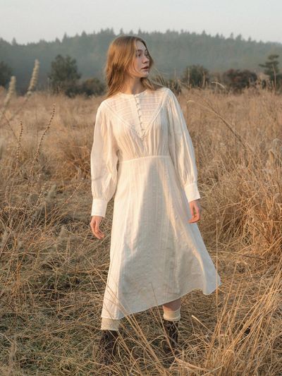LENINA Shirring Lace Cotton Maxi Dress [Beige]