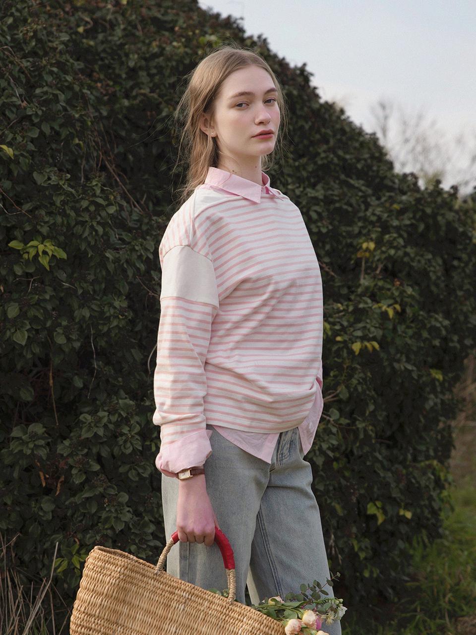 LENINA Splicing Stripe Relaxed Fit Cotton T-shirt [Pink]