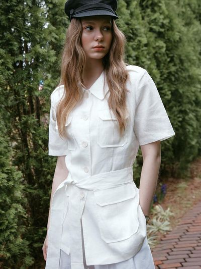 LENINA TARI linen half sleeve blazer [IVORY]