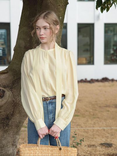 LENINA Tie Shirring Linen Blouse [YELLOW]