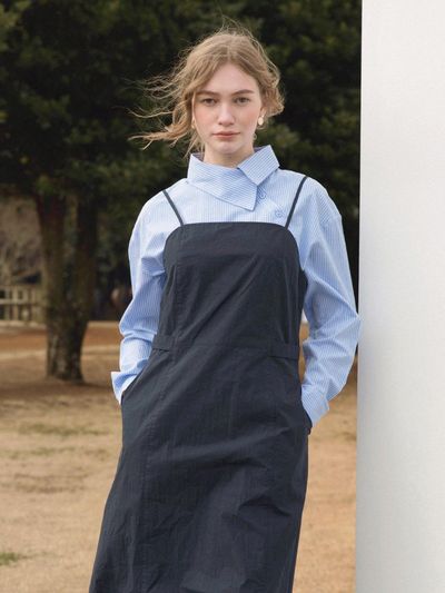 LENINA Unbalance Slant Cotton Structured Shirt [Blue Stripe]