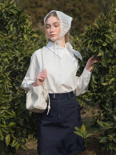 LENINA Unbalanced Slant Cotton Shirt [Beige]