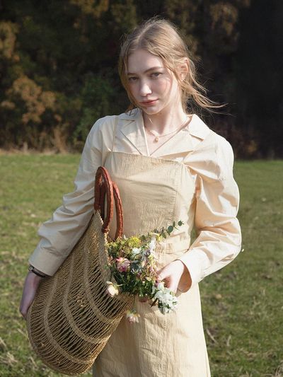 LENINA V Neck French Pocket Cotton Shirt [Yellow]