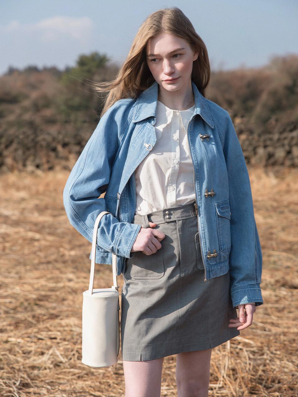 LENINA Vintage Wash Cotton Blend Bomber Denim Jacket [BLUE]