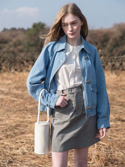 LENINA Vintage Wash Cotton Blend Bomber Denim Jacket [BLUE]