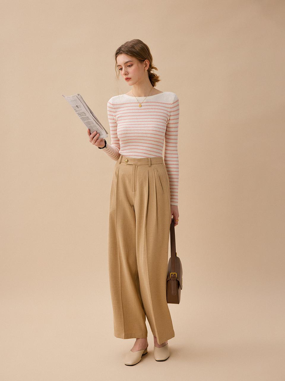 LENINA Wide Leg Two Tuck Linen Pants [Beige]