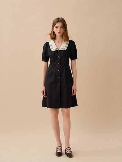 LENINA Wool Silk Collar Midi Dress [BLACK]