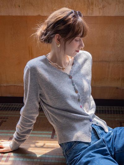 LENINA Wool V-neck Elastic Cardigan [Grey]