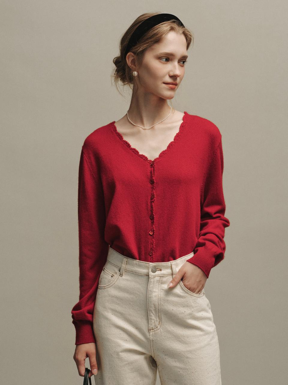 LENINA Wool V-neck Regular Fit Cardigan [Red]