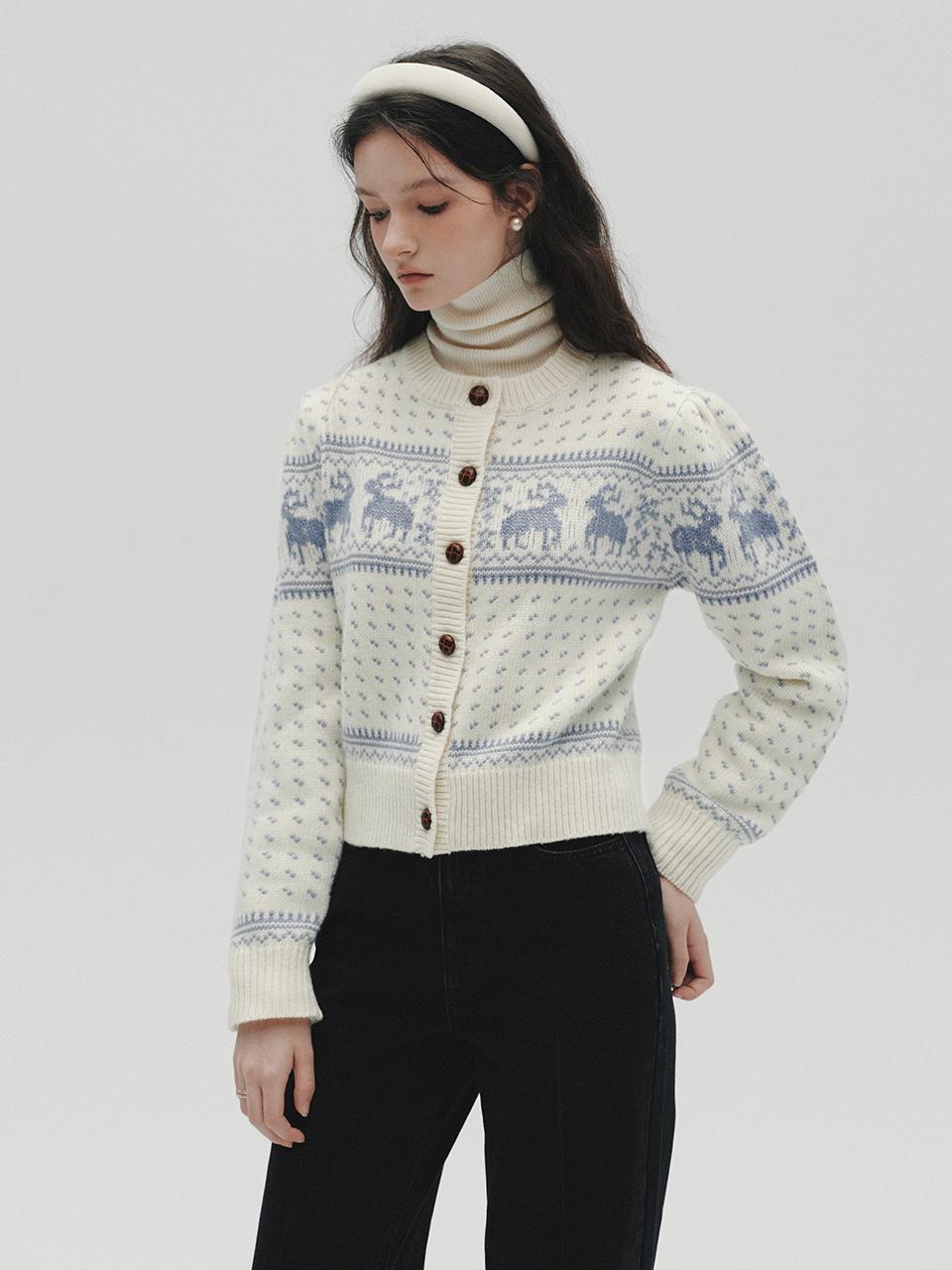 LENINA Woolen Cowichan Knit Relaxed Fit Cardigan [Brick/Blue]