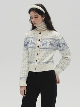 LENINA Woolen Cowichan Knit Relaxed Fit Cardigan [Brick/Blue]