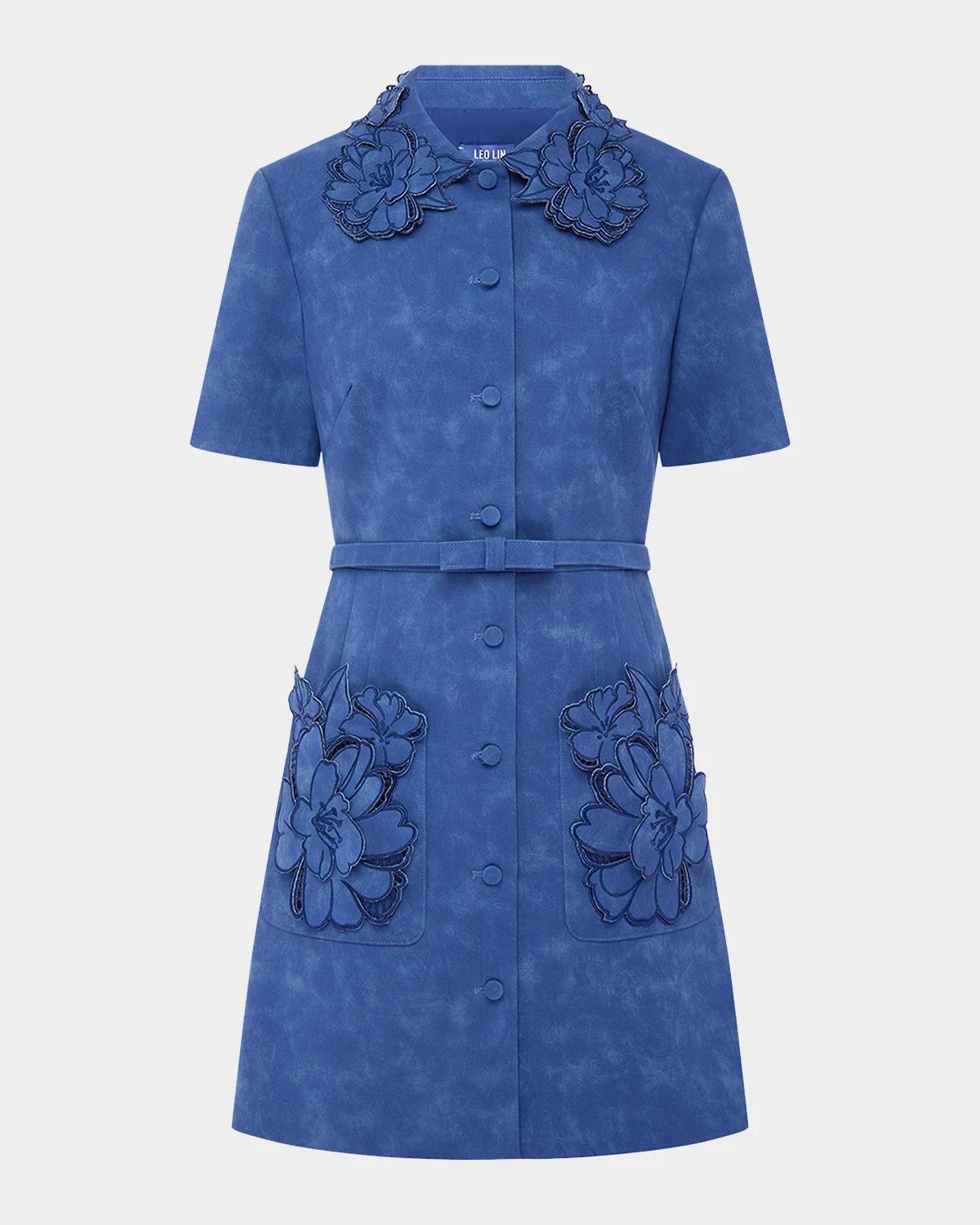 LEO LIN Ashley Floral Applique Vegan Suede Mini Shirtdress