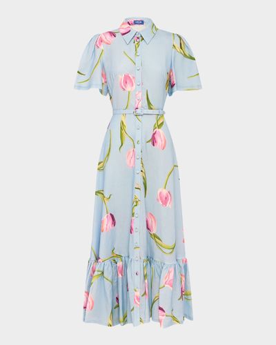 LEO LIN Becca Belted Floral Short-Sleeve Midi Dress