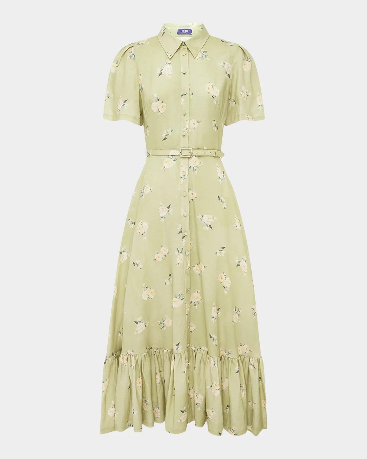 LEO LIN Becca Floral-Print Flounce Midi Shirtdress