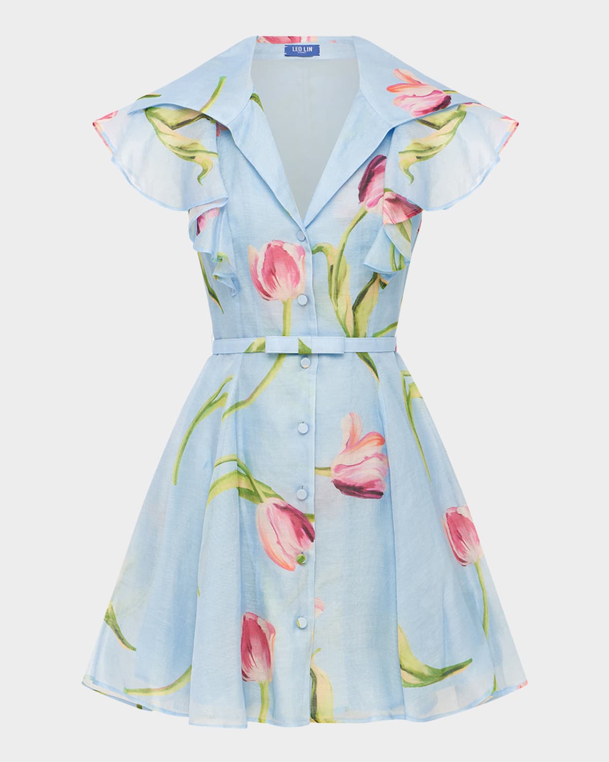 LEO LIN Isla Belted Lapel-Collar Floral Mini Dress
