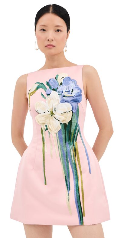 Leo Lin Leo Lin Ali Embroidered Mini Dress Bouquet Print in Pastel Pink