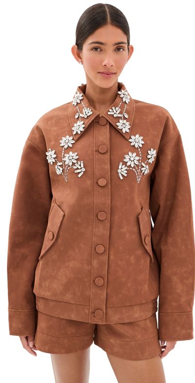 Leo Lin Leo Lin Astrid Embellished Vegan Suede Jacket Chestnut