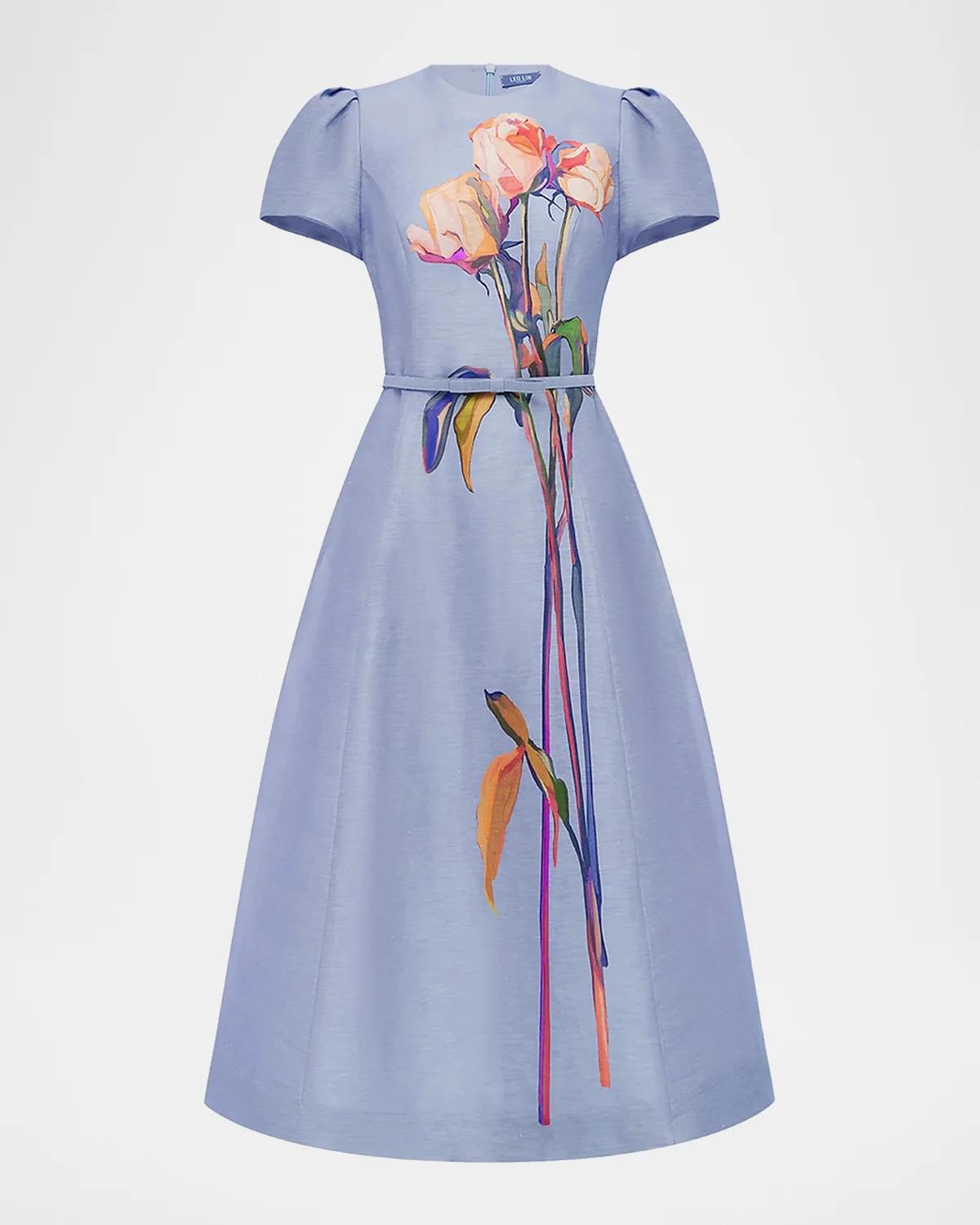 LEO LIN Marguerite Floral Puff-Sleeve Midi Dress