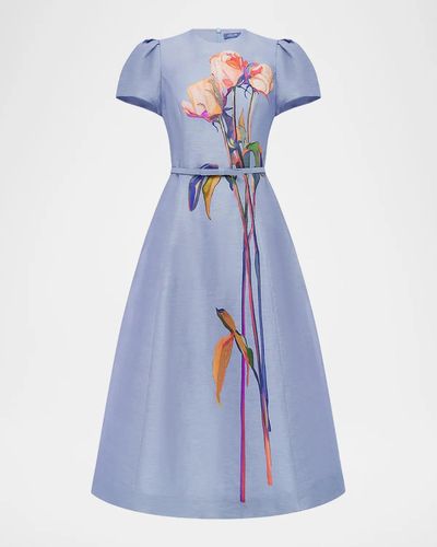 LEO LIN Marguerite Floral Puff-Sleeve Midi Dress
