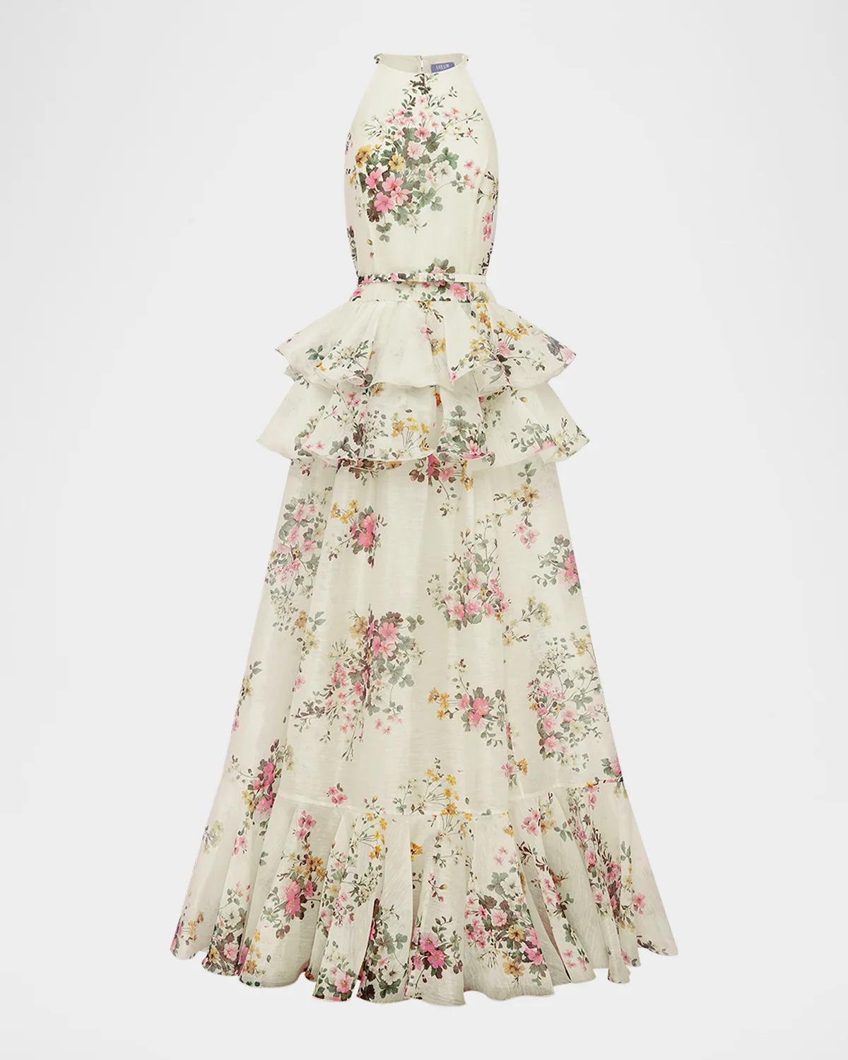 LEO LIN Senna Floral Ruffle Halter Gown