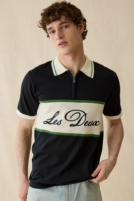 Les Deux Les Deux Logo Quarter Zip Short Sleeve Polo Sweater in Black, Men's at Urban Outfitters