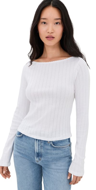 Leset Leset Pointelle Long Sleeve Bateau Top White