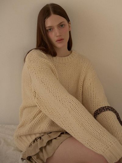 leterie Cotton Wool Blend Pullover Round Knit [Beige]