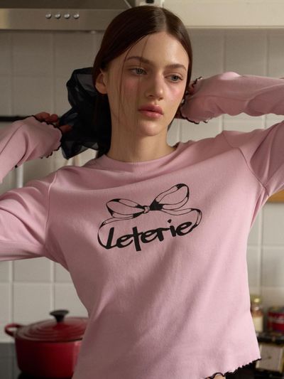 leterie Flounce Ribbon Cotton Blend T-shirt [Pink]