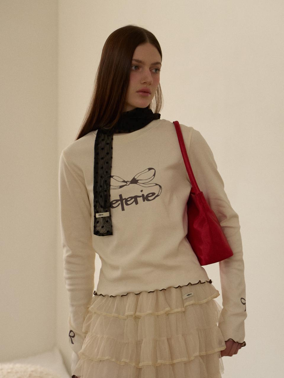 leterie Flounce Ribbon Cotton T-shirt [Beige]
