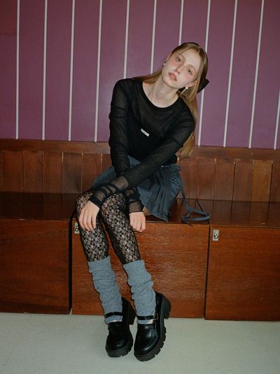 leterie Mesh Lace Pattern Leg Warmer [Black]