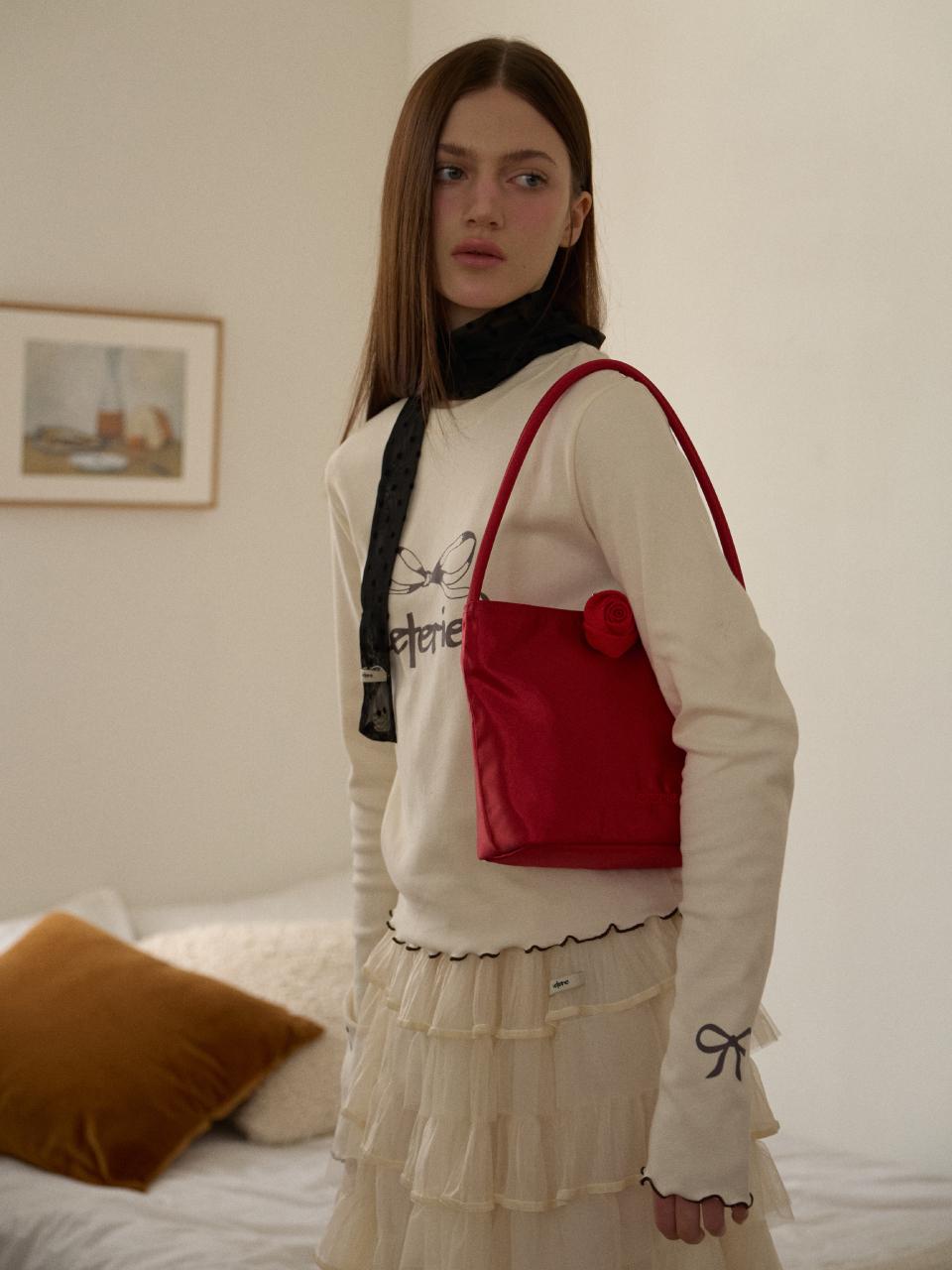 leterie Nylon Corsage Embroidered Tote Bag [RED]
