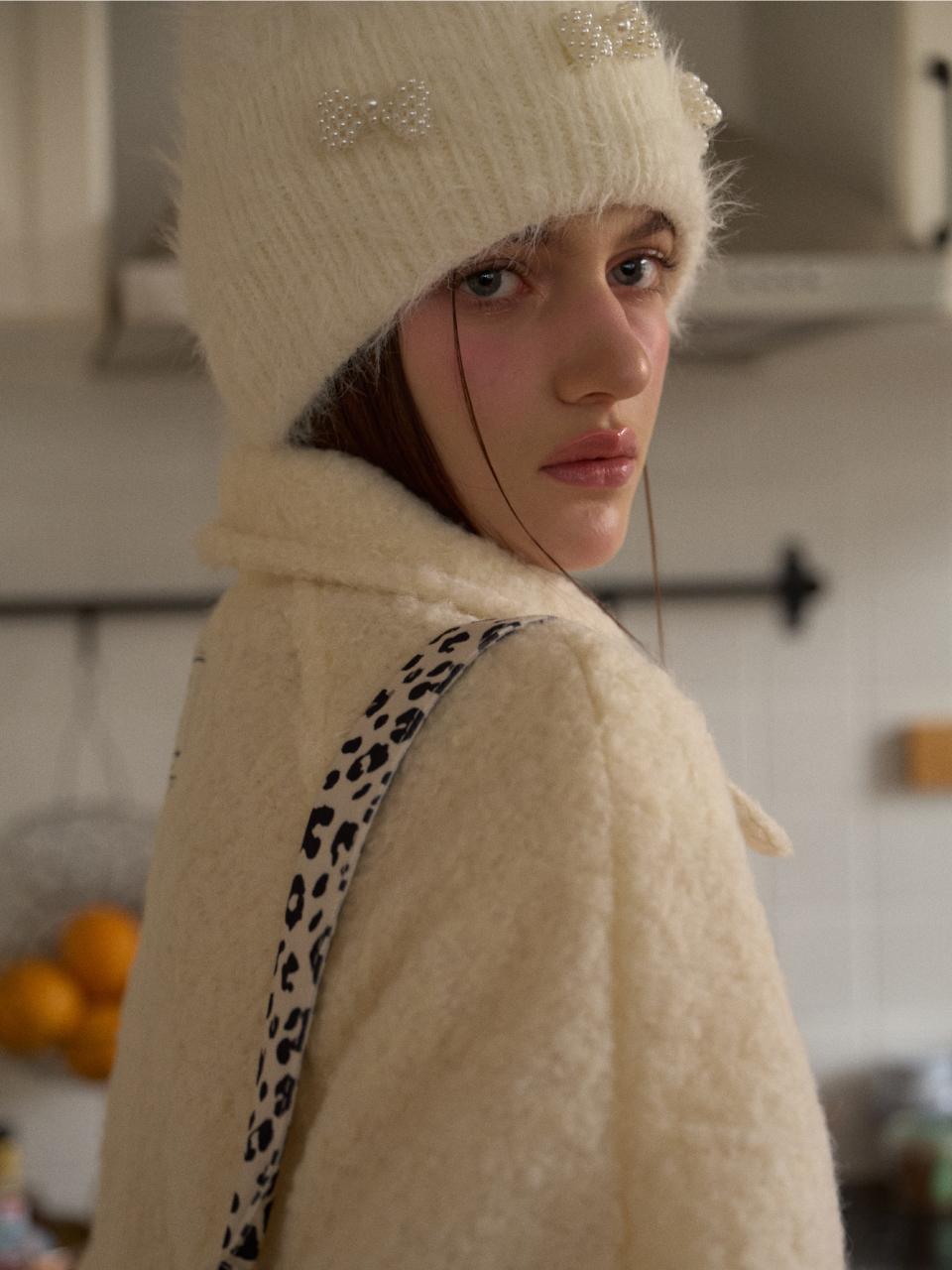 leterie Soft Wool Pearl Ribbon Beanie [Beige]
