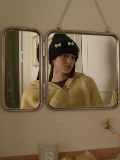 leterie Soft Wool Pearl Ribbon Beanie [Black]