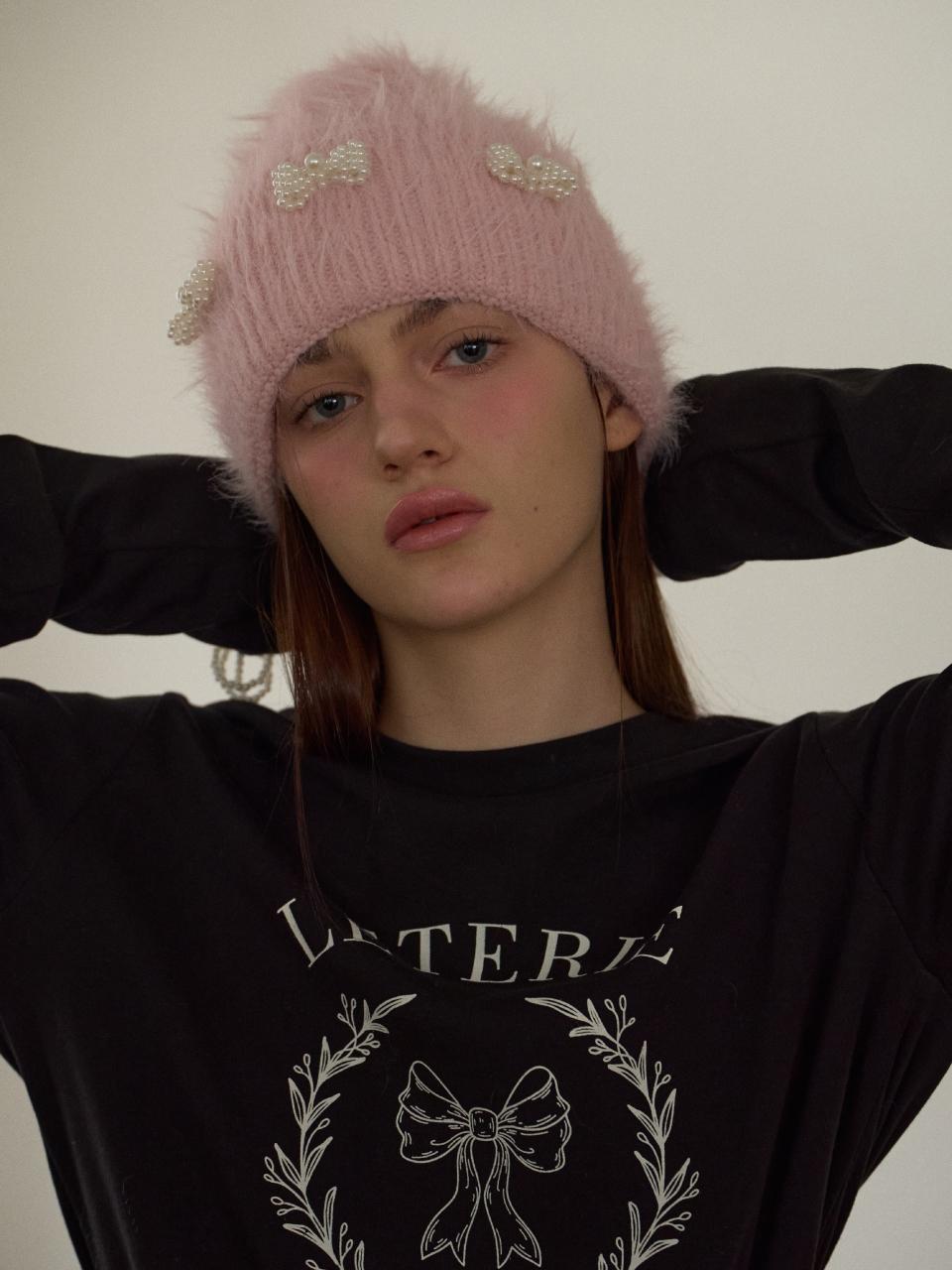 leterie Soft Wool Pearl Ribbon Beanie [PINK]