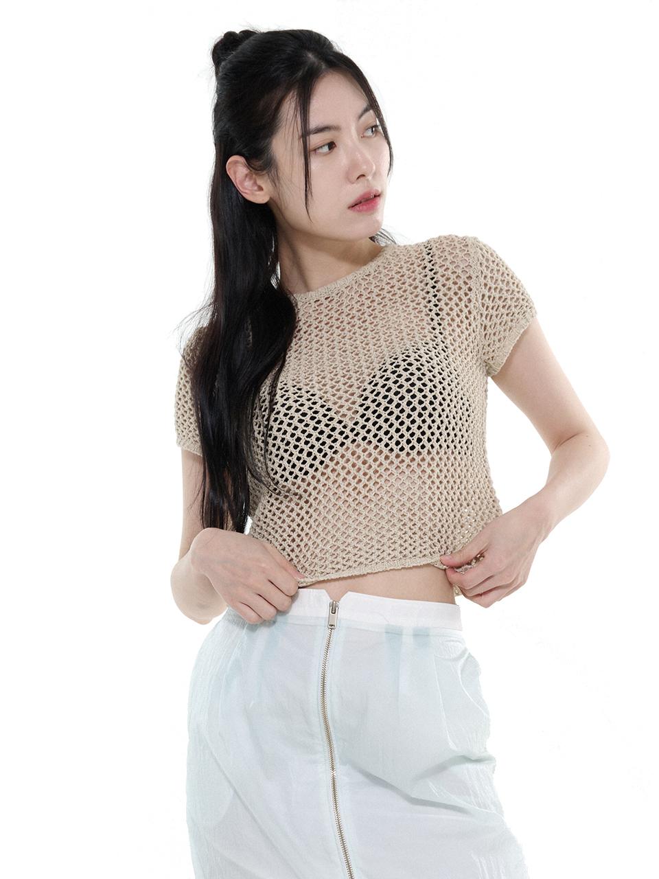 LETOILE NET HALF SLEEVE KNIT SHEER T-SHIRT_2 COLOR
